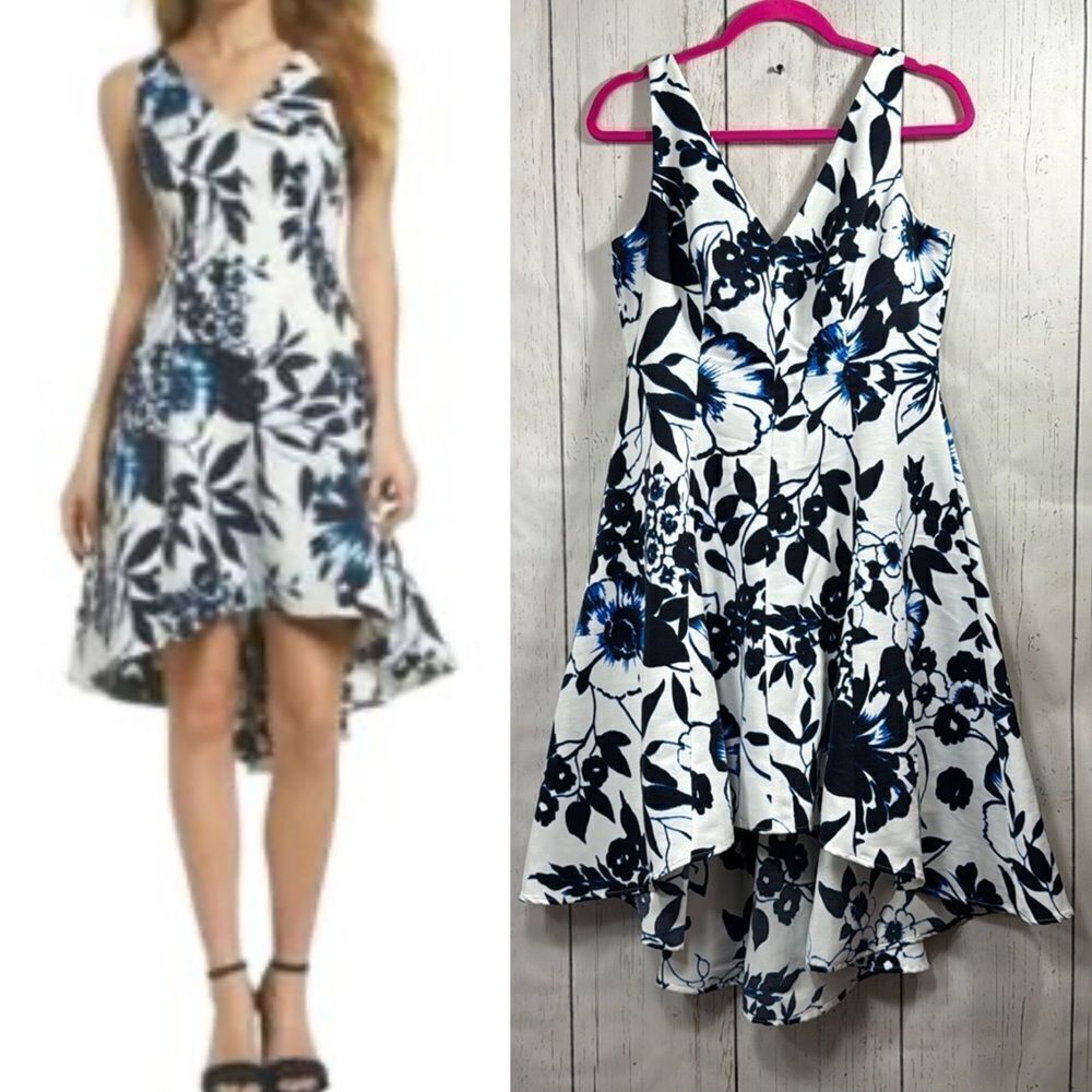 Eliza J White Blue Floral High Low Sleeveless Dress Size 8 Romantic Garden Party